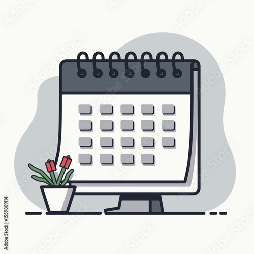 Calendar displayed on desk beside potted plants in minimalist style  