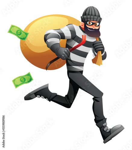Robber in mask and striped clothes running with a crowbar, sack, and money flying out. Vector cartoon character illustration