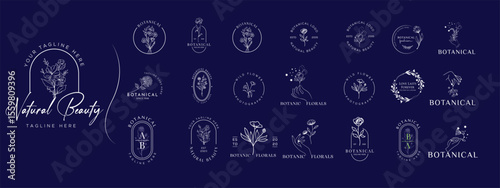 Wedding logos, botanical logo, floral frame for labels, hand drawn elegant, delicate and minimalist monogram collection. Botanical vector design