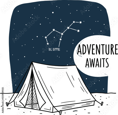Camping under starry night sky with big dipper constellation and adventure awaits text tent stars