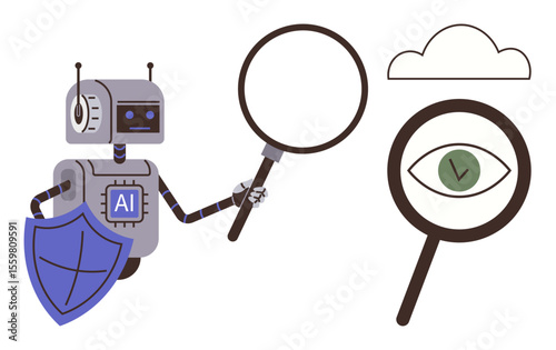 Robot with AI label holds magnifying glass, shield, focuses on eye under glass with clock. Ideal for security, AI research, cloud analysis, data protection, cybersecurity, innovation simple flat
