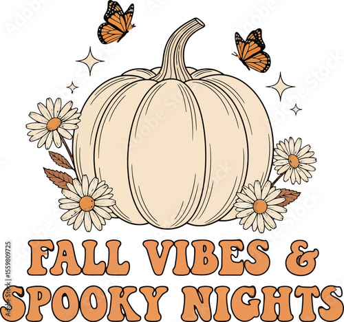 Cream pumpkin with orange butterflies daisies and fall text autumn butterfly