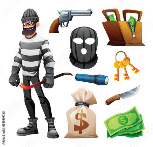 Robber character with his tools like a gun, money bag, mask, and crowbar to commit a crime. Vector cartoon illustration