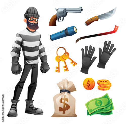 Robber character with his tools like a gun, mask, knife, crowbar, and keys. Ready to commit a crime. Vector cartoon illustration