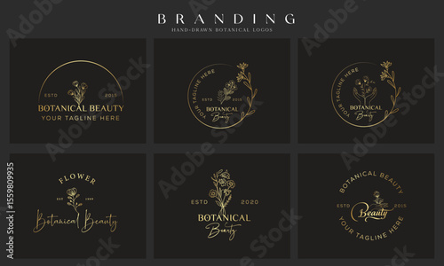 Wedding logos, botanical logo, floral frame for labels, hand drawn elegant, delicate and minimalist monogram collection. Botanical vector design