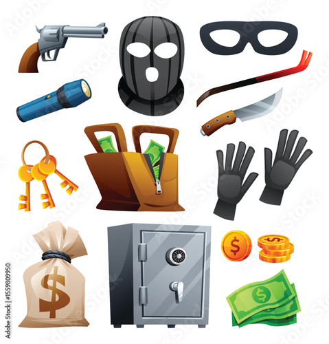 Robber accessories and items set with bag of money, gun, mask, crowbar, knife, flashlight, safe, and gold coins. Vector cartoon illustration