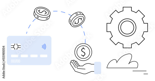 Credit card, coins and hand illustrating payment transfer, gear for automation, and cloud for online transactions. Ideal for fintech, payment solutions, digital banking, automation, e-commerce