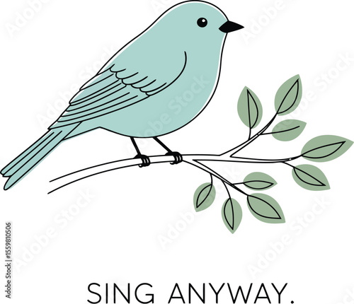 Light blue bird perched on a branch with green leaves vector