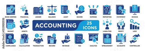 ACCOUNTING icon collection set. Containing bookkeeping,tax,ledger,balance,audit,income,expense,reporting,statement,invoice icon. dual tone vector.	