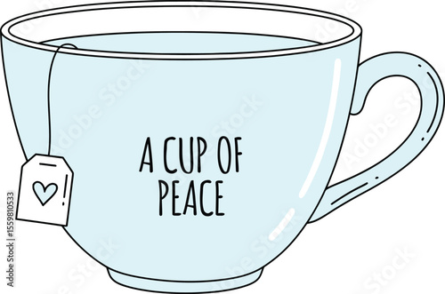 Light blue teacup with heart tag and peace text beverage drink