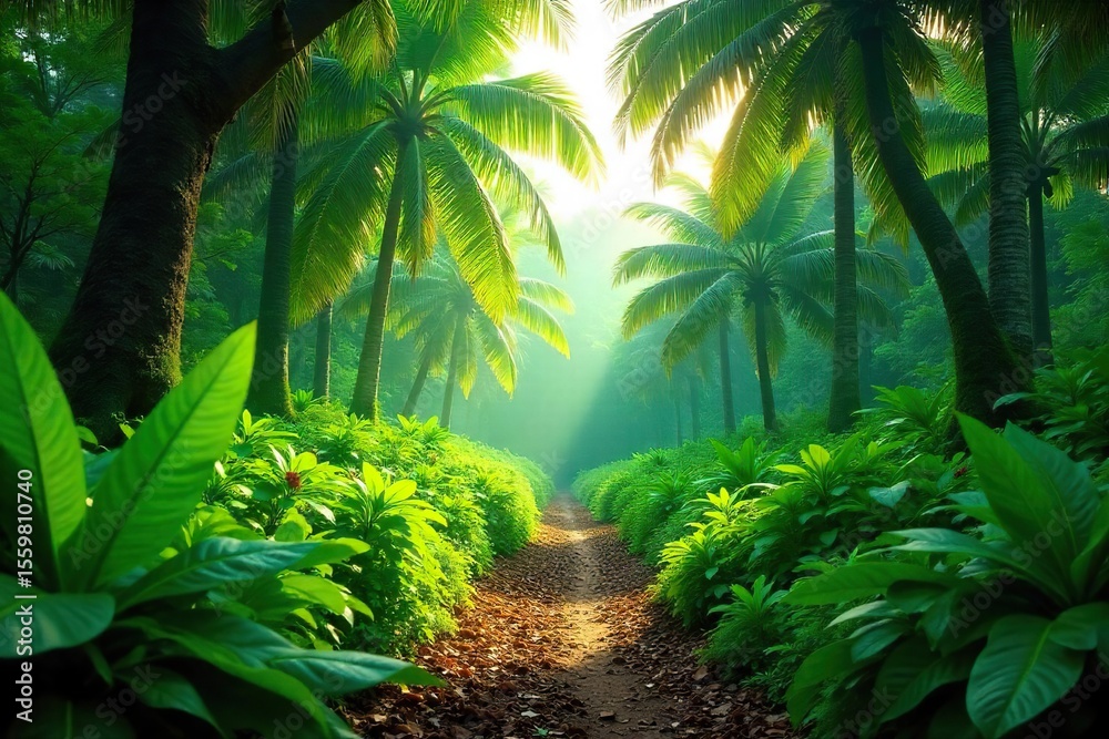 Naklejka premium Lush Tropical Plantation Sunlight Dappled Through Abundant Green Foliage, Mature Trees, and Banana Plants ? Ideal for Travel, Tourism, and Environmental Projects