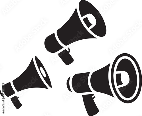 Three black megaphone icons arranged in a dynamic composition isolated on white background