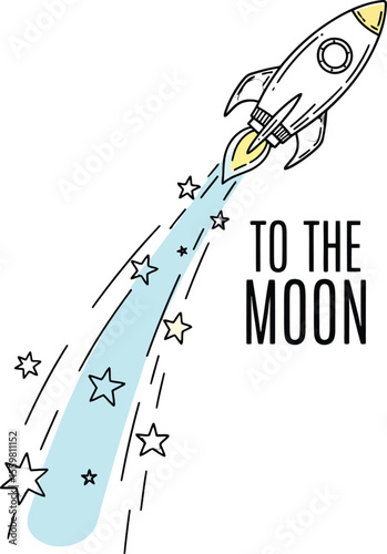 Rocket ship soaring through starry sky with text spaceship space stars