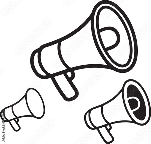 Three hand drawn megaphones communicating loudly isolated on white background
