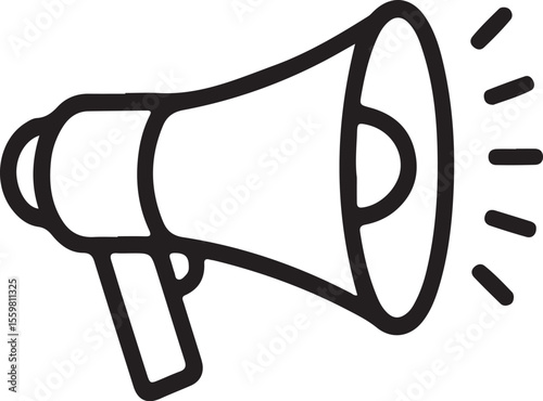 Simple black outline of a megaphone with sound waves isolated on white background