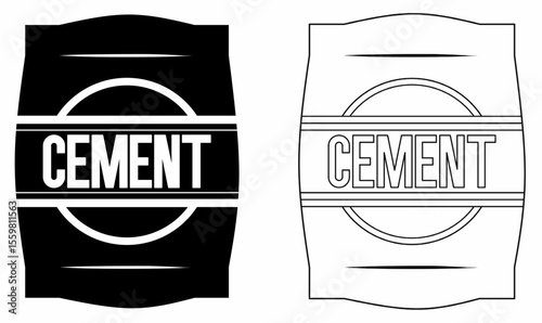 Black and white vector icon of portland cement bags with bold label. Construction material packaging, outline,silhouette and filled style. Perfect for building, hardware, or industry themes.
