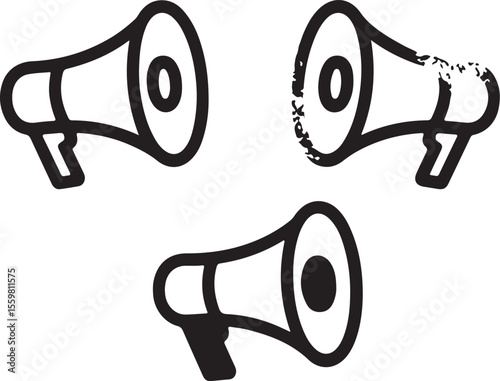 Three megaphone icons with one broken and distressed isolated on white background