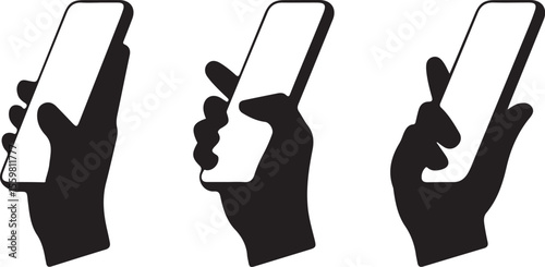 Three black silhouette hands holding smartphones in different grips isolated on white background