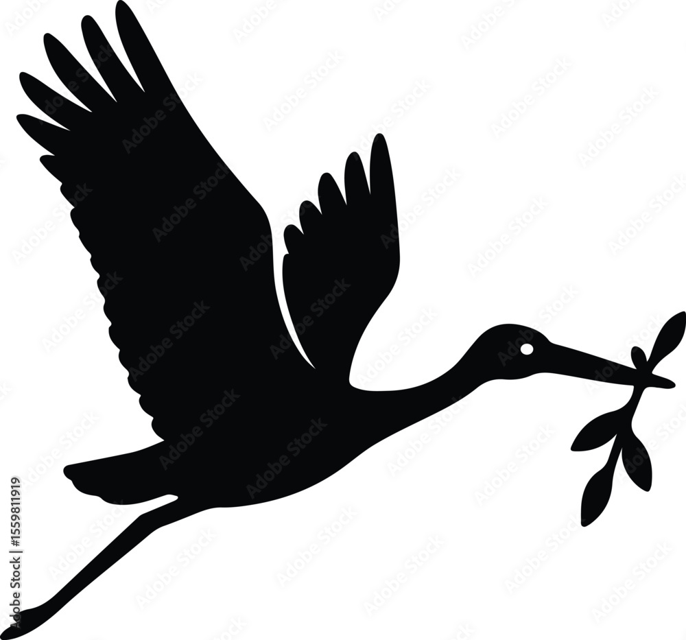 Obraz premium Silhouette stork flying with an olive branch in its beak Vector illustration