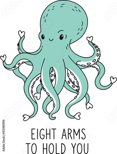 Adorable teal octopus with heart shaped suckers and happy expression cartoon marine creature heart suckers