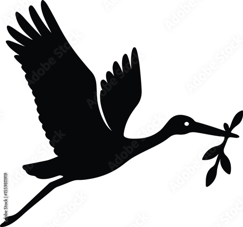 Silhouette stork flying with an olive branch in its beak Vector illustration