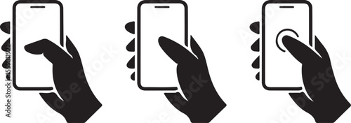 Icons of hands holding and touching a smartphone screen isolated on white background