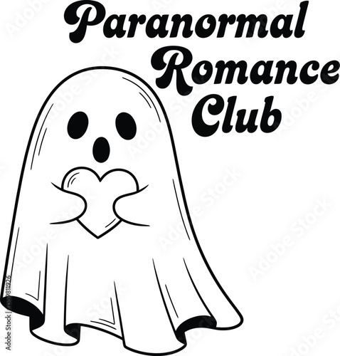 Adorable ghost holding heart with paranormal romance club text love