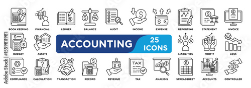 ACCOUNTING icon collection set. Containing bookkeeping,tax,ledger,balance,audit,income,expense,reporting,statement,invoice icon. Simple line vector.	