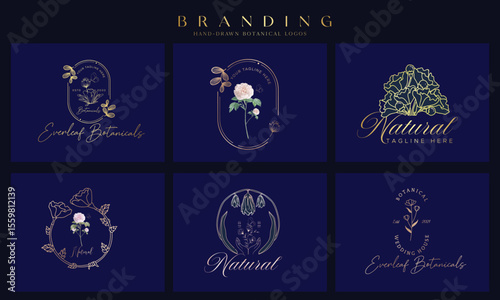 Wedding logos, botanical logo, floral frame for labels, hand drawn elegant, delicate and minimalist monogram collection. Botanical vector design
