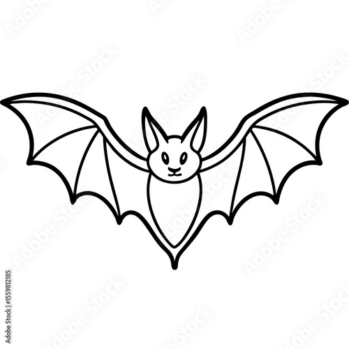 Clean black line art of a bat flying with wings spread — white background