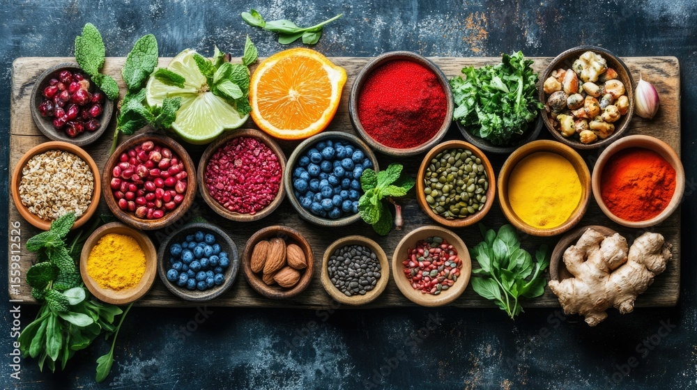 arrangement of various collagen infused superfoods including fruits vegetables nuts seeds and spices displayed on a rustic wooden board arrangement of various collagen infused superfoods including fruits vegetables nuts seeds and spices displayed on a rustic wooden board