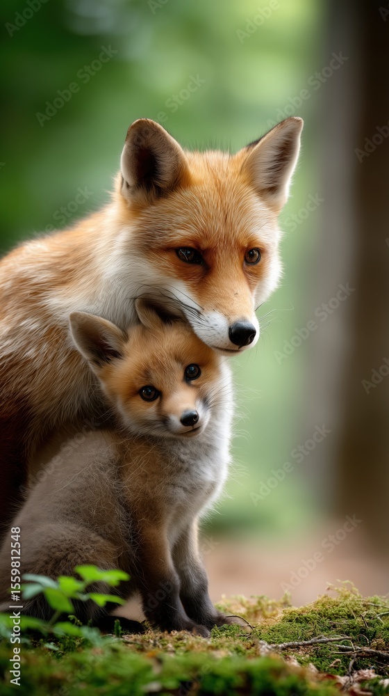 Obraz premium Red fox mother cuddling her baby fox in a green forest