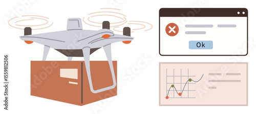 Drone carrying a package, digital error message alert pop-up, and data analytics chart tracking delivery performance. Ideal for logistics, delivery errors, tech issues, monitoring systems
