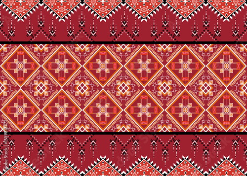 Seamless pattern with red flowers, white stripes, and knitted vintage textile design, perfect for fabric, wallpaper, or retro decor