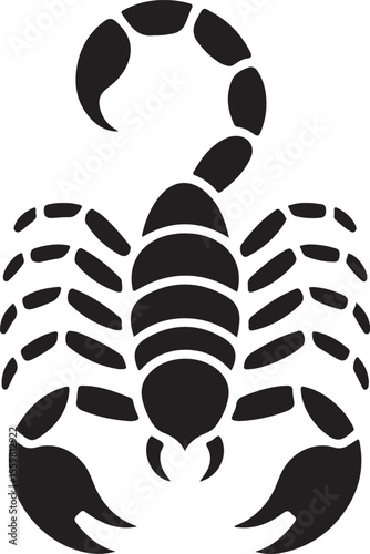 Black scorpion silhouette with raised tail and claws isolated on white background