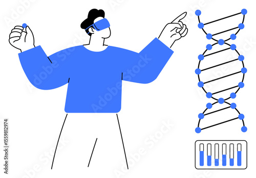 Man in VR headset interacting with 3D DNA model and genetic data representation. Ideal for science, education, genetics, research, innovation, biotechnology, simple landing page