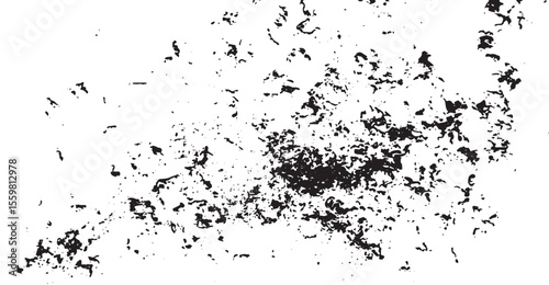Monochromatic grunge pattern features scattered black specks and splatters across a stark white backdrop, evoking a sense of distress and decay with an irregular yet captivating texture