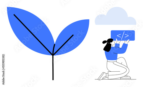 Woman typing code in a minimal design beside stylized blue leaves and a cloud. Ideal for technology, environment, coding, sustainability, innovation, productivity, digital growth, simple landing page