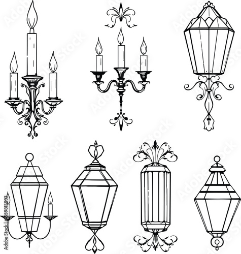Ornate Candle Holders & Vintage Lanterns Vector Set: Elegant Lighting & Decorative Elements