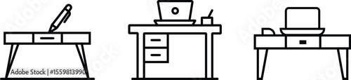 Collection of three simple line art desks with office supplies isolated on white background