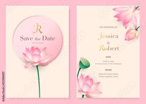 Romantic wedding invitation design with blooming pink lotus flowers, gold typography and a pastel background. Great for Eastern-inspired weddings, summer celebrations or printable floral templates.