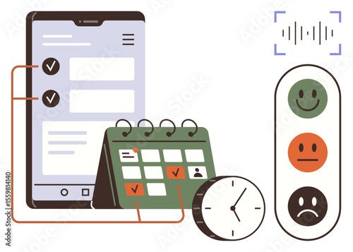 Mobile app interface with checklist, calendar for task tracking, a clock for scheduling, and feedback emotions for evaluation. Ideal for productivity, planning, organization, workflow, user