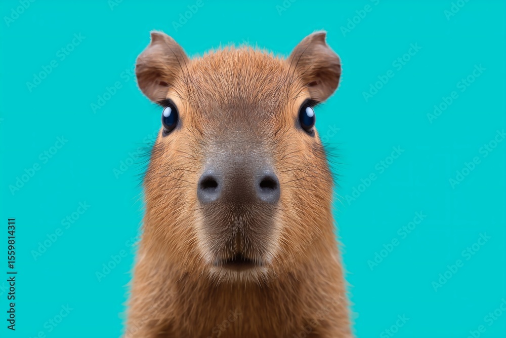 Fototapeta premium Capybara Facing Front on Teal Background with Curious Look