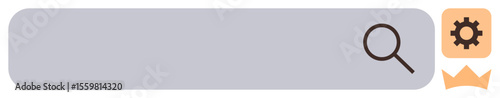 Gray search bar with magnifying glass icon, gear for settings, and crown symbol for priority. Ideal for user interface, accessibility, navigation, customization, productivity, ranking simple flat
