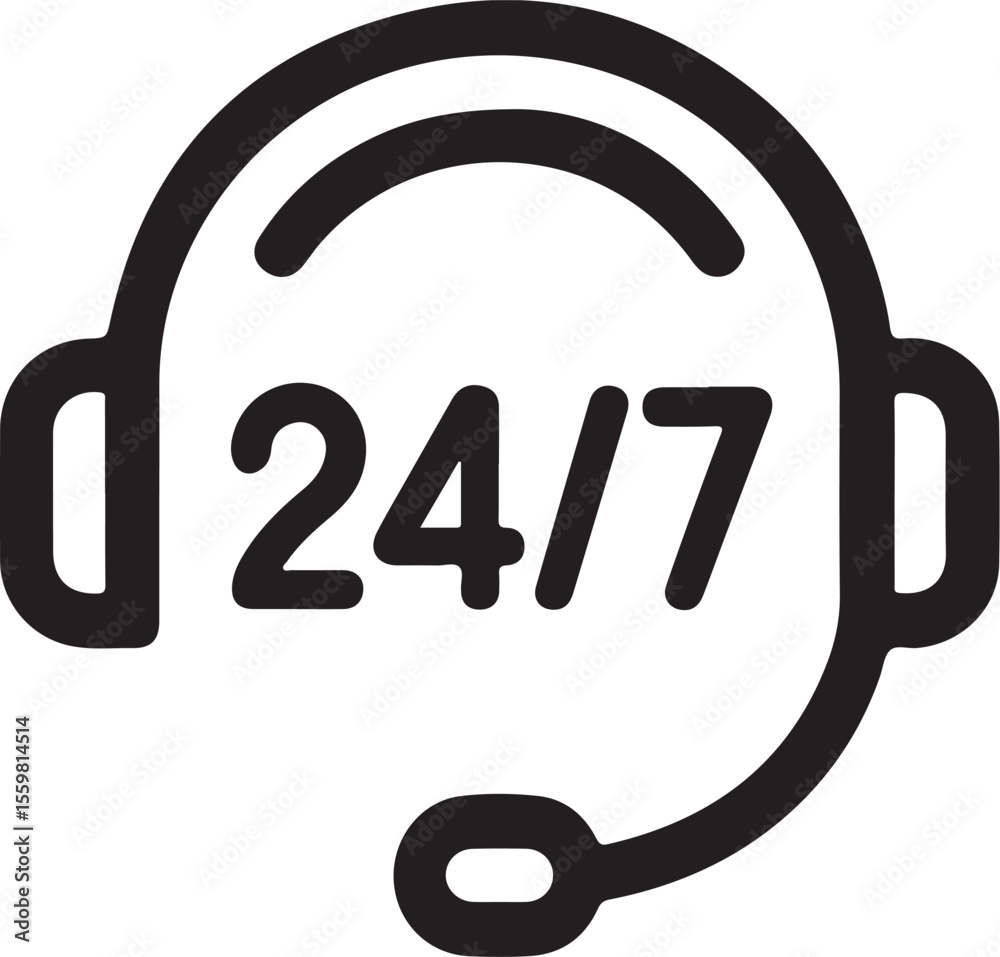Black outline icon of headphones with 24 7 text isolated on white background Black outline icon of headphones with 24 7 text isolated on white background