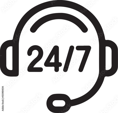 Black outline icon of headphones with 24 7 text isolated on white background