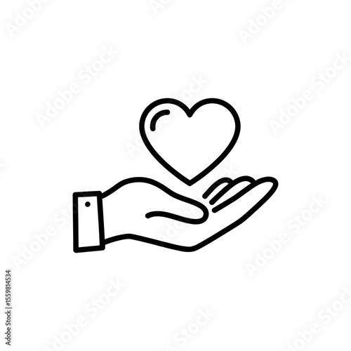 Black line icon of a hand and heart representing volunteering and care