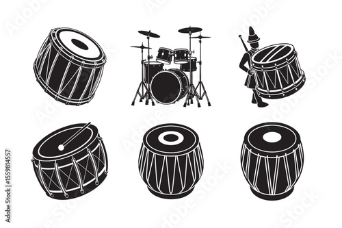 silhouettes of drum ,hand drum ,marching , and  tabla" set bundle on the white background