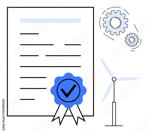 Certification document marked with blue approval badge, gears highlighting processes, and wind turbine for energy. Ideal for sustainability, clean energy, accreditation, green business, eco-friendly