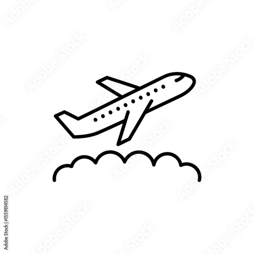 Black line icon of an airplane taking off above clouds symbolizing air travel and freedom